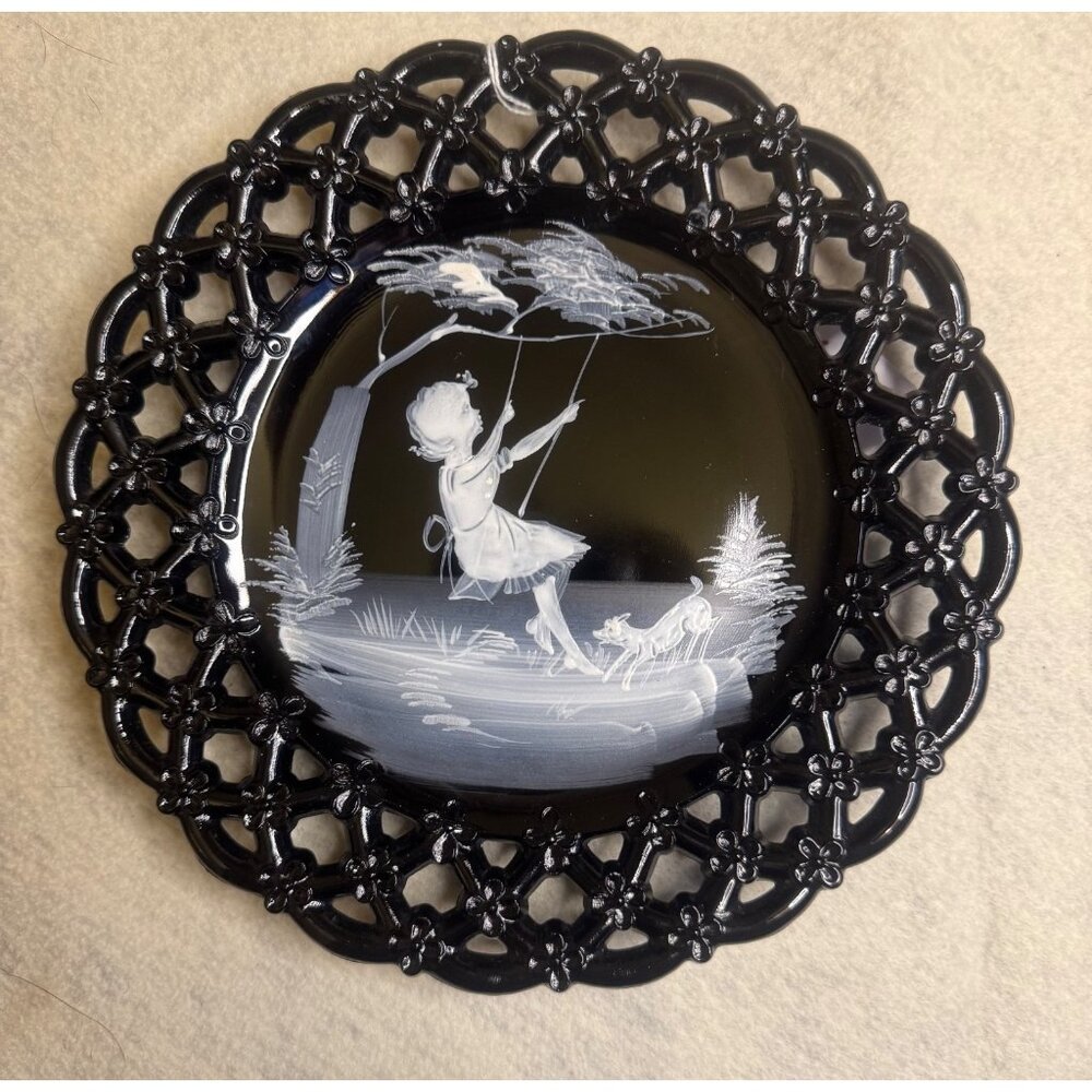 Westmoreland Mary Gregory Plate Black Milk Glass Girl Swinging Vintage